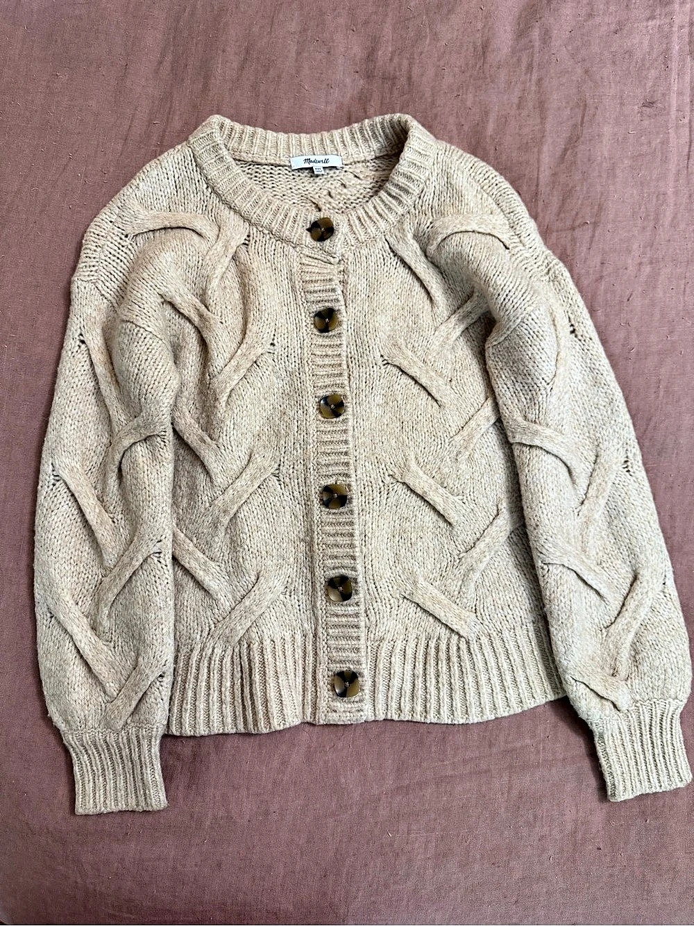 Madewell Bubble-Sleeve Cableknit Cardigan Sweater Beige XXS